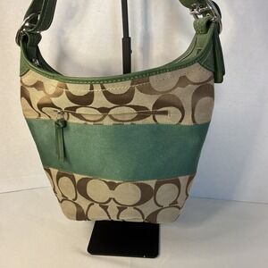 Y2K vintage Coach Stripe Tan/green Rugby Duffle Bucket Shoulder Handbag